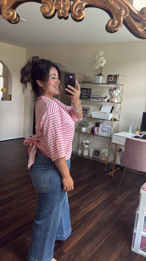 Back Bow Stiped Crew Neck Top