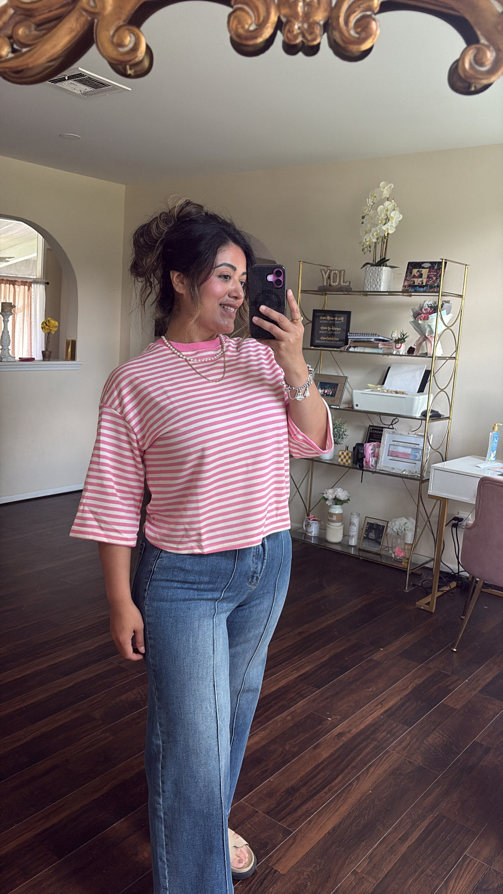 Back Bow Stiped Crew Neck Top