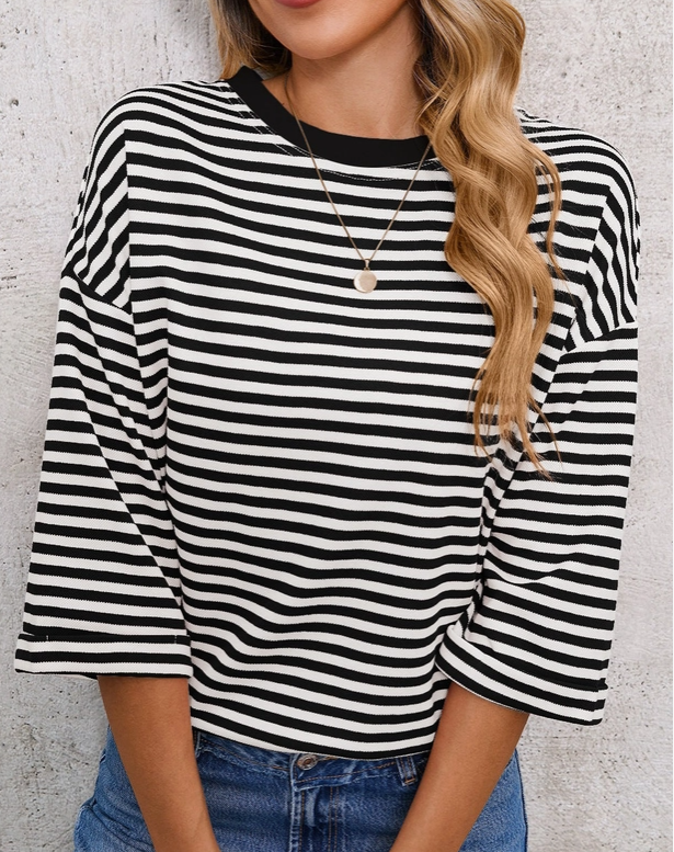 Back Bow Stiped Crew Neck Top