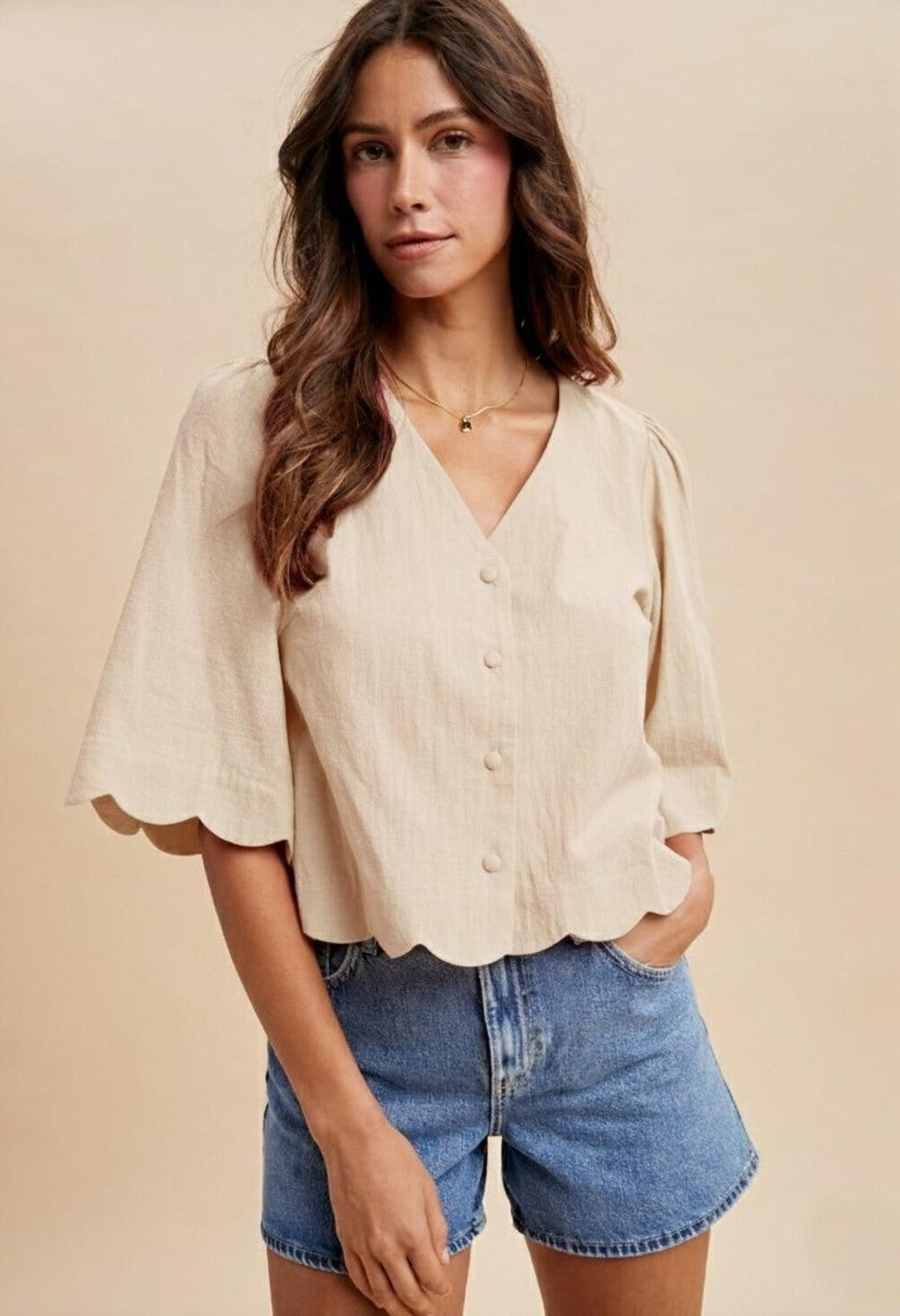 Scallop Half Sleeve Button Down Blouse