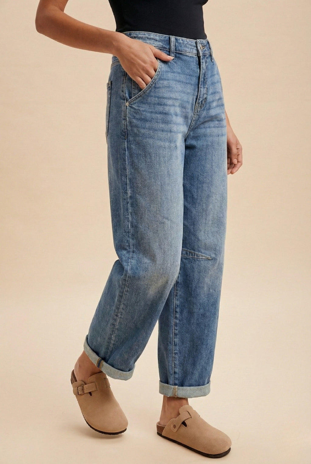 Stretch Denim Loose Fit Roll Up Barrel-leg