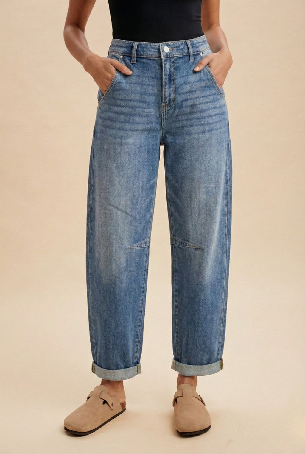 Stretch Denim Loose Fit Roll Up Barrel-leg