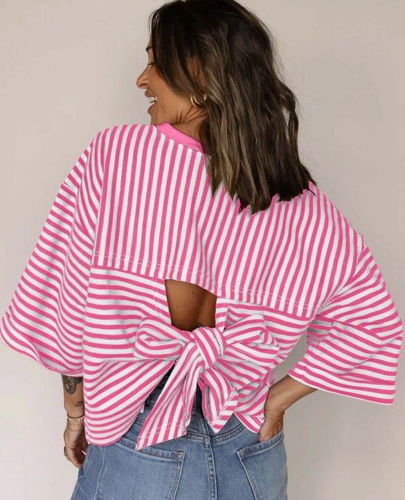 Back Bow Stiped Crew Neck Top