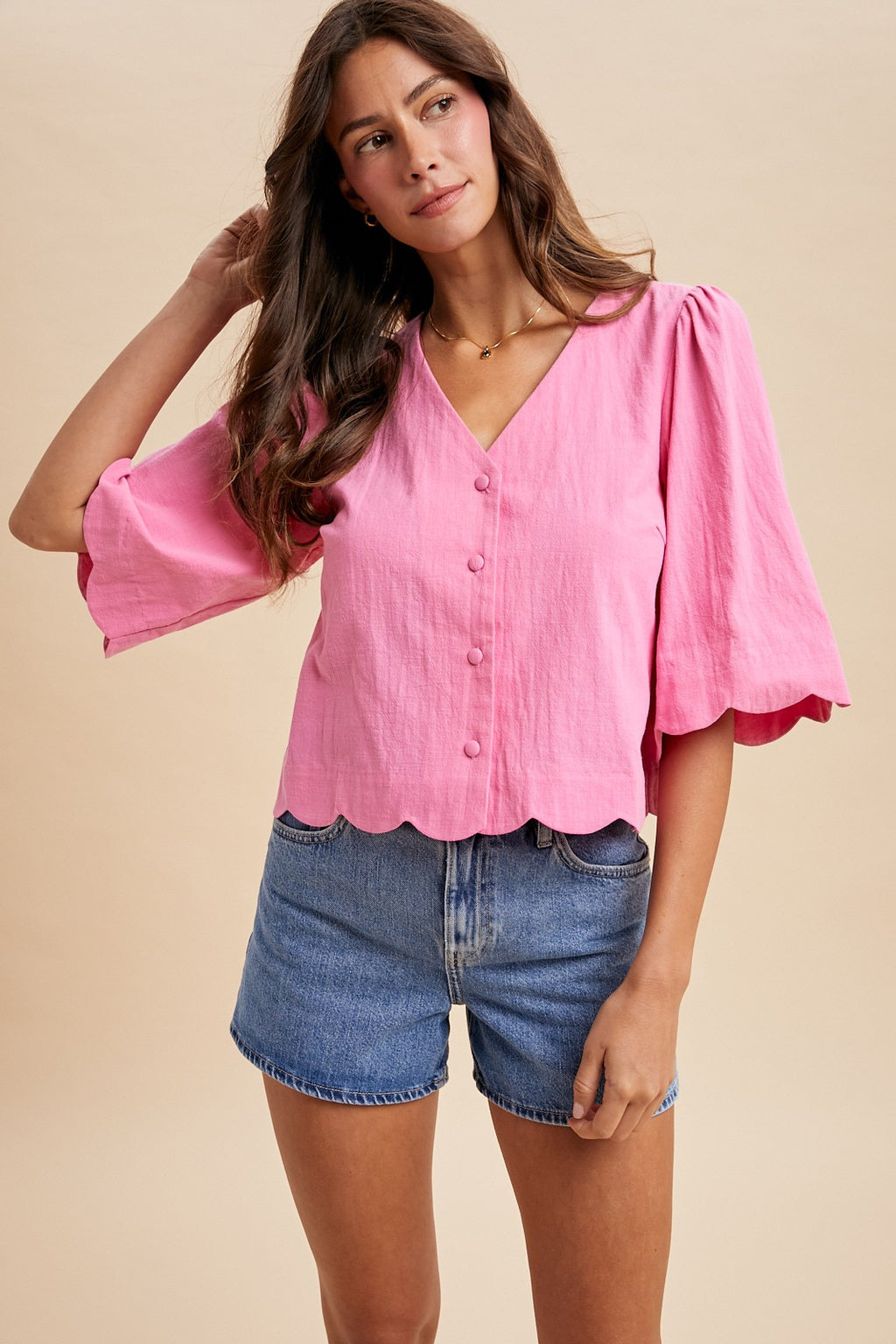 Scallop Half Sleeve Button Down Blouse