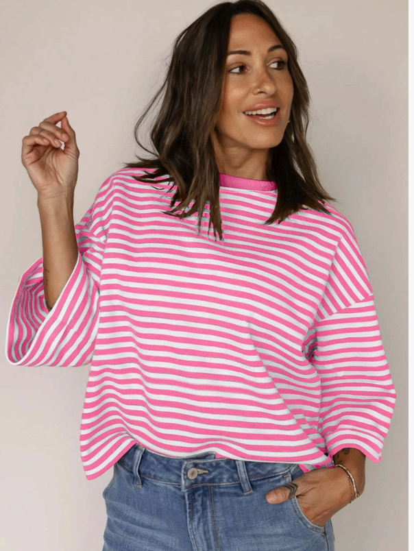 Back Bow Stiped Crew Neck Top