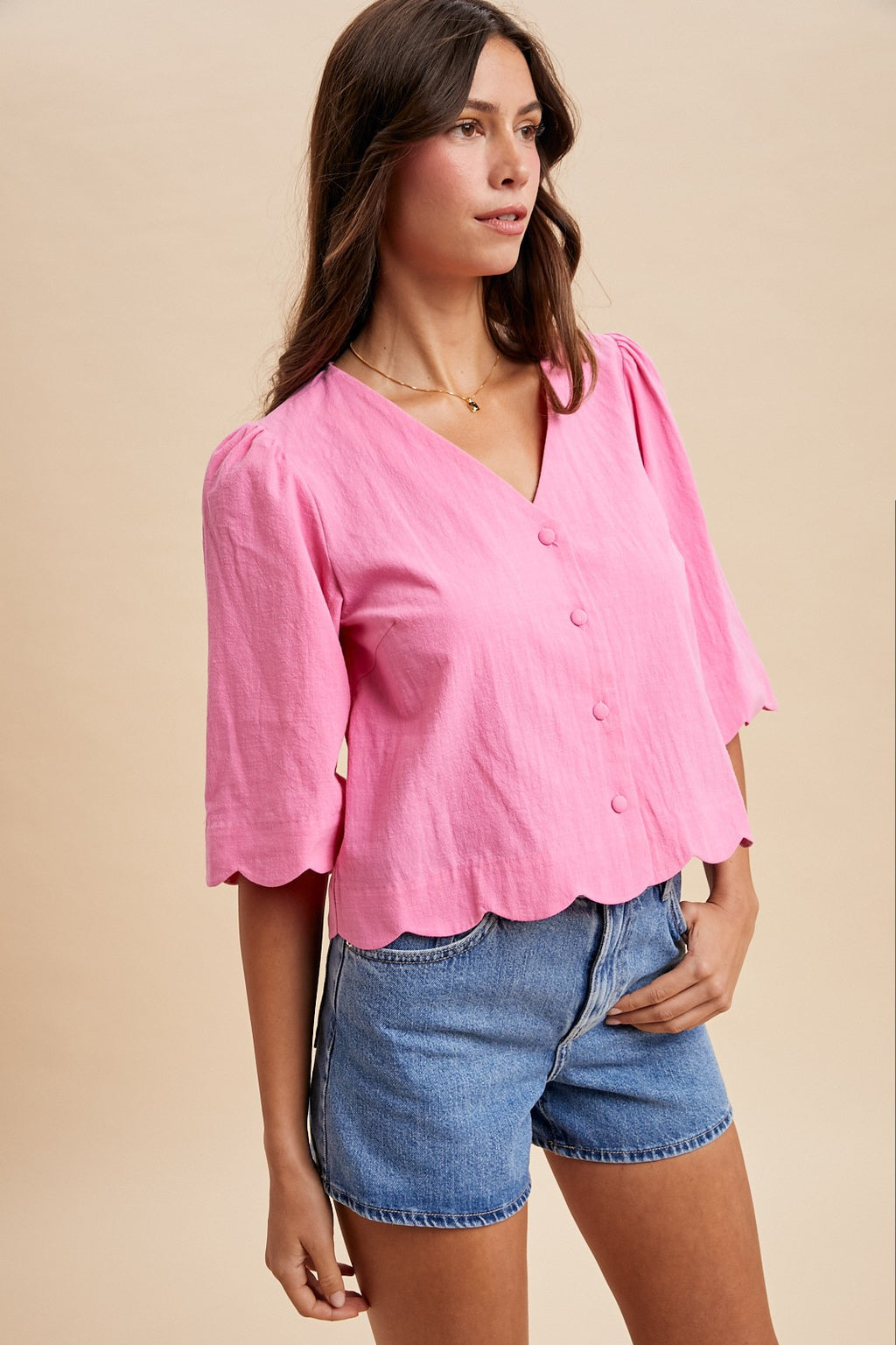 Scallop Half Sleeve Button Down Blouse