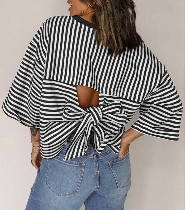 Back Bow Stiped Crew Neck Top